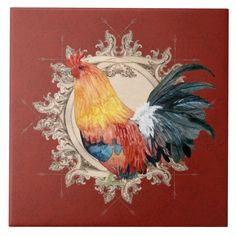 a painting of a rooster on a red and gold background with ornate border around it