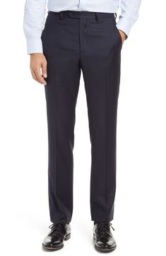 These flat-front trousers in Loro Piana Italian wool are tailored for a comfortable fit and designed with a grippy waistband to keep you looking tucked in. Style Name:Santorelli Roma Flat Front Wool Dress Pants. Style Number: 5983951. Available in stores. Slim Fit Business Trousers, Business Slim Fit Trousers, Tapered Leg Bottoms With Concealed Placket For Business Casual, Slim Fit Full Length Business Casual Pants, Slim Fit Full Length Pants For Business Casual, Tailored Tapered Leg Pants For Tailoring, Slim Fit Full Length Dress Pants For Semi-formal Occasions, Slim Fit Full-length Semi-formal Pants, Slim Fit Full Length Semi-formal Pants