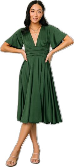 V-neck Fit And Flare Dress With Pleated Waist, Fit And Flare V-neck Dress With Pleated Waist, Green Stretch V-neck Dress, Elegant Green V-neck Short Sleeve Dress, Green V-neck Solid Dress, Green Solid Color V-neck Dress, Fitted Green Solid Color Dresses, Fitted Green Dress Solid Color, Green Solid Color Evening Dress