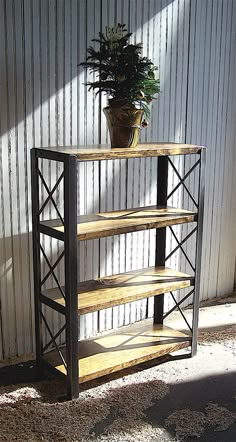 a potted plant sitting on top of a wooden shelf