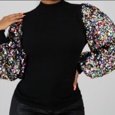 Navy Mock Neck, With Multi Colored Sequin Sleeve Perfect For The Holidays Winter Party Multicolor Tops, Multicolor Sequin Tops For Fall, Blue Sequined Tops For Fall, Blue Sequin Top For Fall, Black Silk Blouse, Poplin Blouse, Multi Color Blouse, Womens Denim Shirt, Sequin Sleeve