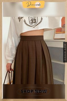 Vintage Pleated Midi Skirt Fashion High Waist Gothic Skirt Women Spring Casual Korean A-line Elastic Solid All-match Skirt New Full Tennis Skirt, Fall Pleated Flared Tennis Skirt, Retro Pleated Brown Skirt, Casual Brown A-line Skirt, Brown Pleated Tennis Skirt, Fall Flared Tennis Skirt With Relaxed Fit, Full Pleated Skort, Brown A-line Pleated Skirt, Fall Tennis Skirt With Lining