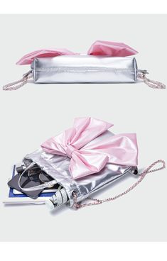 Pink Bow Tie Silver Hobo Bag | Bag | Three Fleas Modern Party Bag With Zipper Closure, Modern Party Bags With Zipper Closure, Modern Bag With Adjustable Strap For Party, Modern Party Bag With Adjustable Strap, Modern Pink Party Bags, Y2k Nostalgia, Pink Bow Tie, Bag Bag, Pink Bow