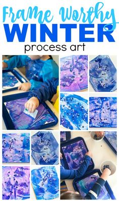 the process for making frozen winter art is shown in blue and purple with text overlay