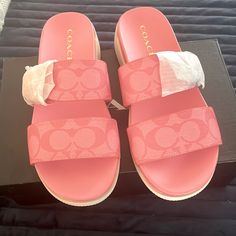 Coach Gwen Sig Sandal Size 8 Name Brand Sandals, Pink Coach Slides, Designer Tennis Shoes, Outfits With Sandals, Girly Sandals, Coach Slides, Custom Sneakers Diy, Coach Sandals, Cute Slides