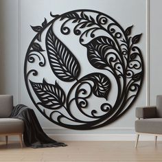 a decorative metal wall hanging in a living room