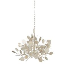 a white chandelier with leaves hanging from it's center chain, on a white background