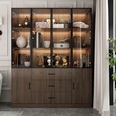 a wooden cabinet with glass doors and shelves