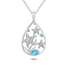 Alamea Sterling Silver Larimar and Blue Topaz Starfish Pendant w/Chain This teardrop-shaped sterling silver pendant brings the ocean to your jewelry box with blue-hued gemstones and whimsical starfish that sparkle with cubic zirconia. Pendant approx. 9/16"L x 1"W; chain approx. 16"L with 1" extender Stamped .925, rhodium plating Cable chain with lobster-claw clasp Made in China Stone Information All sizes and weights approximate Total Carat Weight: 0.74ct Larimar - 4x6mm Blue Topaz - 0.14ctw Cub