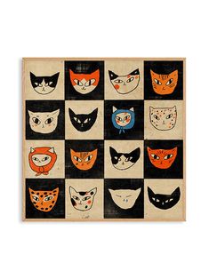 an image of many different colored cats on black and white squares with orange, red, blue, green, and yellow faces