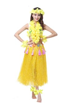 a woman wearing a yellow hula skirt with flowers on the waist and headband