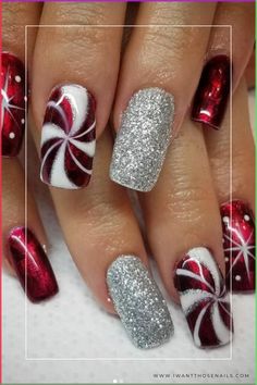 Nail Designs Green Christmas, Christmas Nail Designs Santa, Red And Green Holiday Nails, Holiday Pedicure Toenails, Christmas Cat Eye Nail Art, Red White And Green Christmas Nails, Christmas French Tip Nails Red And Green, Peppermint Nail Art