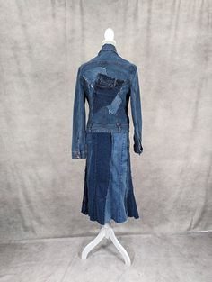 "Upcycled long denim jacket/trench with frayed seams. Bust measures 38\" when buttoned. Length is 49\"." Vintage Outerwear With Frayed Hem And Long Sleeves, Vintage Long Sleeve Outerwear With Frayed Hem, Fitted Long Sleeve Denim Jacket In Recycled Denim, Recycled Denim Long Sleeve Outerwear For Fall, Long Sleeve Recycled Denim Outerwear For Fall, Dusters For Women, Long Denim Coat, Denim Duster, Long Denim Jacket