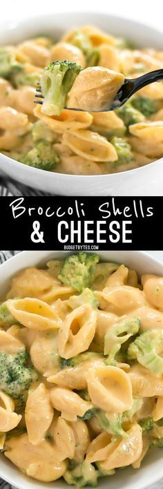 two bowls filled with broccoli shells and cheese