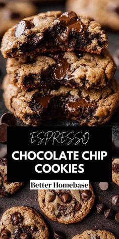 chocolate chip cookies stacked on top of each other with the words espresso above them