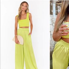 Brand New With Tags. Lime Green Satin Pant Set With Crop Top. Spring Two-piece Wide-leg Pants, High Waist Two-piece Summer Pants, Elegant Two-piece Summer Bottoms Set, Elegant Summer Two-piece Pants Set, Elegant Two-piece Summer Pants Set, Summer Wide Leg Two-piece Pants, Summer Two-piece Wide Leg Pants, Two-piece Wide Leg Summer Pants, Summer Two-piece Wide-leg Pants