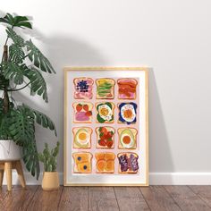 an art print on a wall with a potted plant next to it and a wooden floor