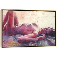 a painting of a woman laying down on the ground with her head turned to the side