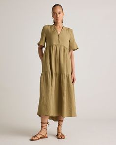 Airy and effortless, meet our 100% Organic Cotton Gauze Split Neck Midi Dress. Made of breezy, lightweight organic cotton gauze, this versatile dress is the perfect grab and go piece. Lds Missionary Dresses, Apple Body Fashion, Simple Fall Dresses, Sister Missionary Dresses, Cotton Gauze Clothing, Maxi Dress Linen, Gauze Clothing, Ruched Waist Dress, Natural Fiber Clothing