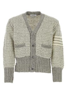 Two-tone Wool Blend Cardigan Designer Beige Winter Cardigan, Designer Beige Cardigan For Fall, Luxury Winter V-neck Cardigan, Designer Fall Cardigan With Ribbed Cuffs, Thom Browne Suit, Thom Browne Cardigan, Knitwear Men, Grey Cardigan, Top Designer Brands