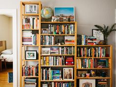 a book shelf filled with lots of books