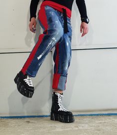 "Extravagant Painted Denim Pants, Casual Denim Harem Pants, Painted Streetwear Pants, Loose Denim, Women Denim Harem Extravagant designs and high quality fabrics! Materials & Care Cotton, Denim Hand wash at low temperatures. Do not machine dry. Do not iron. Do not dry clean! Sizing We can make your piece from XS to 5XL! Everything in the shop can be also made according to your measures free of charge! Shipping ✈ Ready to ship The time I need to prepare an order for shipping varies. For detai High Waist Rigid Denim Pants For Streetwear, Baggy Red Cotton Jeans, Baggy Dark Wash Jeans With Belt Loops, Urban High Waist Dark Wash Jeans, High Waist Recycled Denim Bottoms For Streetwear, Urban High-waist Dark Wash Jeans, Dark Wash Denim Trousers, High Rise Recycled Denim Pants With Belt Loops, Denim Blue Cargo Jeans