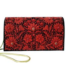 Red Rectangular Clutch For Festivals, Red Rectangular Evening Bag For Festivals, Red Rectangular Clutch With Handwork, Rectangular Red Clutch With Handwork, Red Handcrafted Evening Bag For Party, Festive Red Embroidered Clutch, Red Embroidered Clutch For Festive Occasions, Red Evening Bag With Handwork For Gifts, Red Embroidered Evening Bag For Party