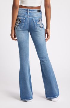 Designed with contrast topstitching and a sanded finish, these stretch-kissed flare jeans exude retro style wherever you go. 33" inseam; 23" leg opening; 9" front rise; 14 1/2" back rise (size 27) Zip fly with button closure Five-pocket style 69% cotton, 26% polyester, 3% viscose, 2% spandex Machine wash, tumble dry Imported Fitted Flare Jeans With Contrast Stitching, Fitted Dark Wash Flare Jeans With Contrast Stitching, Mid-rise Flare Jeans With Contrast Stitching In Medium Wash, Spring Flare Jeans With Contrast Stitching In Medium Wash, Contrast Topstitching, Fabric Gift Bags, Nordstrom Store, Fabric Gifts, Free Fabric