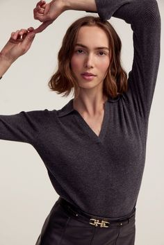 A sweater silhouette designed for versatility and enduring style. Featuring a classic collar with a V-neck for a touch of femininity, this sweater offers both comfort and sophistication. With its long sleeves and a ribbed knit texture, the sweater is ideal for all types of weather and perfect for layering. It's a wardrobe essential that effortlessly transitions from season to season. Product DetailsModel 5'10" wearing a size SMaterials: 90% Wool 10% CashmereCare: Dry Clean Only Classic V-neck Sweater With Ribbed Cuffs, Classic Fitted V-neck Sweater, Elegant Long Sleeve V-neck Sweater For Winter, Winter Workwear Sweater With Collared Neckline, Classic Cashmere V-neck Sweater With Long Sleeves, Chic V-neck Sweater With Ribbed Cuffs For Fall, Fitted V-neck Sweater With Ribbed Cuffs For Winter, Elegant Long Sleeve V-neck Sweater For Work, Collared Polo Sweater For Fall