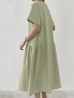 Leisure Solid Ruched Short Sleeve Round Neck Maxi Dress Casual Solid Color Maxi Dress With Relaxed Fit, Casual Relaxed Fit Solid Color Maxi Dress, Casual Summer Maxi Dress With Pleated Hem, Casual Ruched Maxi Dress For Day Out, Casual Ruffle Hem Dress With Relaxed Fit, Casual Dresses With Ruffle Hem And Relaxed Fit, Casual Summer Midi Dress With Pleated Hem, Summer Casual Midi Dress With Pleated Hem, Casual Ruched Maxi Dress For Spring