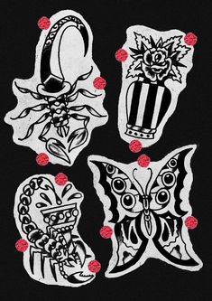 four stickers with different designs on them