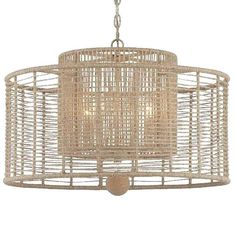 a white chandelier hanging from a ceiling fixture with wicker shades on it