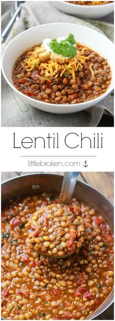 lentil and cheese soup in a white bowl with the words lentil chilli above it