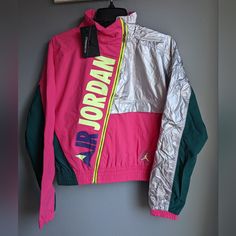 Selling This Brand New Jacket I Have Also Same Panta As Well . I Have Never Worn This Jacket It's Brand-New With Tags . It Multicolor Green, Hot Pink Jacket . The Material Is Rain Jacket From Outside And Fleeced From Inside Air Jordan Jacket, Hot Pink Jacket, Nba Jacket, Retro Windbreaker, Jordan Jackets, Air Jordans Women, Blue Jordans, New Jacket, Jordans Women