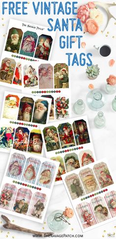 free vintage santa gift tags with images of santa claus and other christmas related items on them