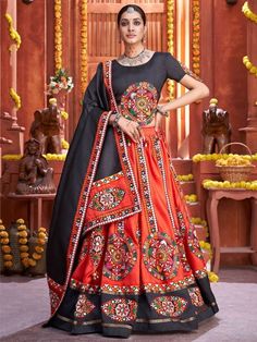 Fabulous Red Gamthi Work Silk Navratri Wear Rajwadi Chaniya Choli Lehenga Black, Gamthi Work, Navratri Festival, Navratri Chaniya Choli, Red Lehenga, Chaniya Choli, Silk Lehenga, Silk Dupatta, Mirror Work