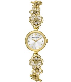 From kate spade new york&#x2C; this watch features:Gold-tone stainless steel bracelet watch Dial: mother of pearlCase size: 20mm case thickness: 6.4mmWater resistance: 3 atmMovement: three-hand bandMaterial: stainless steel bandColor: gold bandApprox. Width: 5mm inner circumference: 175 /- 5mmClosure: adjust-o-matic Warranty: 2 yearLimited beauty copy: a pretty floral bracelet or timepie Slim Watch Women, Women’s Watch, Grad Jewelry, Accessories Watches Women, Engagement Watch, Vintage Gold Watch, Kate Spade Watch, Stainless Bracelet, Vintage Watches Women