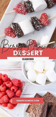 desserts on skewers with raspberries, marshmallows and chocolate