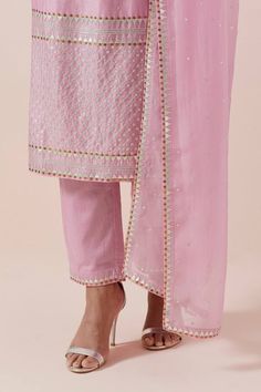 Orchid pink kurta with aari, zari and sequin in chanderi base. Paired with a cotton pant and silk organza dupatta with silver and gold hand embroidery. - Aza Fashions Pink Kurta, Pink And Silver, Organza Dupatta, Gold Hand, Kurta With Pants, Silk Organza, Gold Hands, Cotton Pants, Work Pants