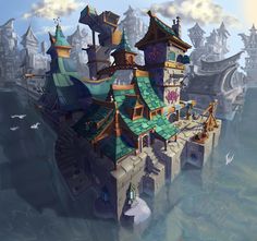 an artistic rendering of a castle floating in the water with lots of clouds above it