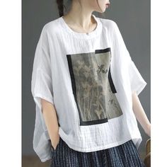 Cotton Linen T Shirt Women Art Vintage Print Loose T-shirt Fashion Casual Short Sleeve Oversized Baggy Crew Neck Summer Top, Baggy Crew Neck Top For Summer, Relaxed Fit Crew Neck Blouse With Graphic Print, Artistic Printed Summer Tops, Spring Baggy Crew Neck T-shirt, Artistic Printed Tops For Summer, Baggy Crew Neck T-shirt For Spring, White Baggy Short Sleeve Top, Baggy White Short Sleeve Tops