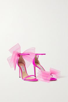 Fuchsia Aveline 100 bow-detailed satin sandals | JIMMY CHOO | NET-A-PORTER Jimmy Choo Aveline, Jimmy Choo Bow, Leonie Hanne, Mesh Bows, Satin Sandals, Bridal Heels, Bow Heels, Bow Shoes, Pink Heels