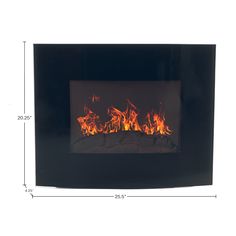 an image of a fire burning in the fireplace with measurements for each side and sides