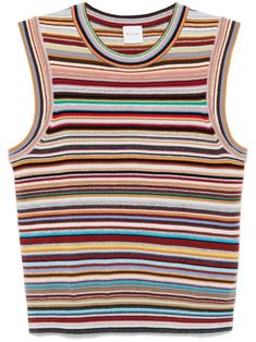 red/multicolour cashmere knitted construction Signature Stripe pattern crew neck sleeveless straight hem Womens Knitted Vest, Stripe Vest, Herno Jacket, Versace Sweatshirt, Striped Vests, Versace Shirt, Knitted Vest, Outerwear Vest, Striped Tank Top