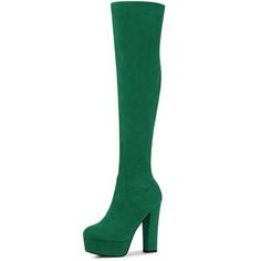 With a classic platform high heel, these thigh-high boots are must-have staples for followers of fashion.  The slight stretch suede vamp is smooth to the touch and comfortable to wrap.  Over the Knee High Boots; Side Zipper Closure; Block  High Heel; Comfortable Platform ; Vamp: Faux Suede; Outsole: Rubber; Heel: ABS; Heel Height: 5 1/8 inches; Platform Height: 1 4/7 inches. Knee-high Suede Platform Boots For Party, Suede Knee-high Platform Boots For Party, Fitted Knee-high Suede Platform Boots, Green Fitted Thigh-high Boots, Trendy Knee-high Suede Platform Boots, Green Fitted High Heel Knee-high Boots, Winter Platform Knee-high Boots With High Shaft, Winter Platform Knee-high Boots, Fitted Suede Platform Boots For Party