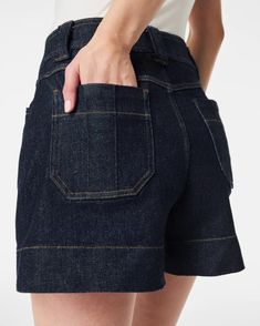 Crafted from our premium stretch denim, this trouser short is a more tailored take on the classic jean short. Our pull-on style features hidden core shaping technology, functional pockets and a flattering A-line silhouette. Hits at natural waist for great coverage Fitted through the waist with a break for an A-line silhouette 13.62" approximate leg opening Inseam: 4" Premium stretch denim Hidden core shaping technology Pull-on design Wide waistband with functional belt loops Functional front and Denim Shorts Outfit, Denim Ideas, Jean Short, Classic Jeans, Shorts Jeans, Shoes With Jeans, Denim Trousers, Jeans Dress, Long Tops