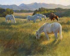 a painting of horses grazing in a field