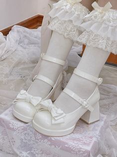 Pretty Shoes High Heels, Velvet High Heels, Silly Clothes, Dr Shoes, Cute Shoes Heels, Round Toe Shoes, White Heels, Sweet Lolita, Strap Shoes