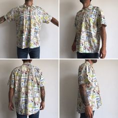 "Vintage shirt with funny print Made in France 1980s White shirt with multicolor vintage publicity pattern. Wide straight cut . Shirt collar Short sleeves. One chest pocket left side. Rounded bottom. 6 buttons front . In perfect condition . Material: 100% Coton Size : 42 Our woman model wears usually size S (36/38) and measures 170cm/66.9\". Our man model wears usually size M (40/42) and measures 175cm/ 68.8\" Measurements (flat): Length: 74cm - 29.1\" Shoulder: 51cm - 20\" Chest: 65cm - 25.5\" Vintage Short Sleeve Top With All Over Print, Vintage Cotton Tops With All Over Print, Vintage Cotton Top With All Over Print, Vintage White Tops With All Over Print, White Vintage Tops With All Over Print, Vintage White Top With All Over Print, White Vintage Top With All Over Print, Vintage Shirt With Retro Print And Relaxed Fit, Retro Patterned Short Sleeve Tops