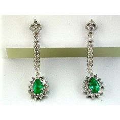 Royal 14K White Gold Princess Di Style Emerald & Diamond Earrings - 0.92 Carat Total Gem Weight Emerald Diamond Earrings, Diamond Birthstone, Iconic Style, Royal Jewelry, White Gold Jewelry, Pear Shaped Diamond, Stunning Earrings, Vibrant Green, Emerald Diamond